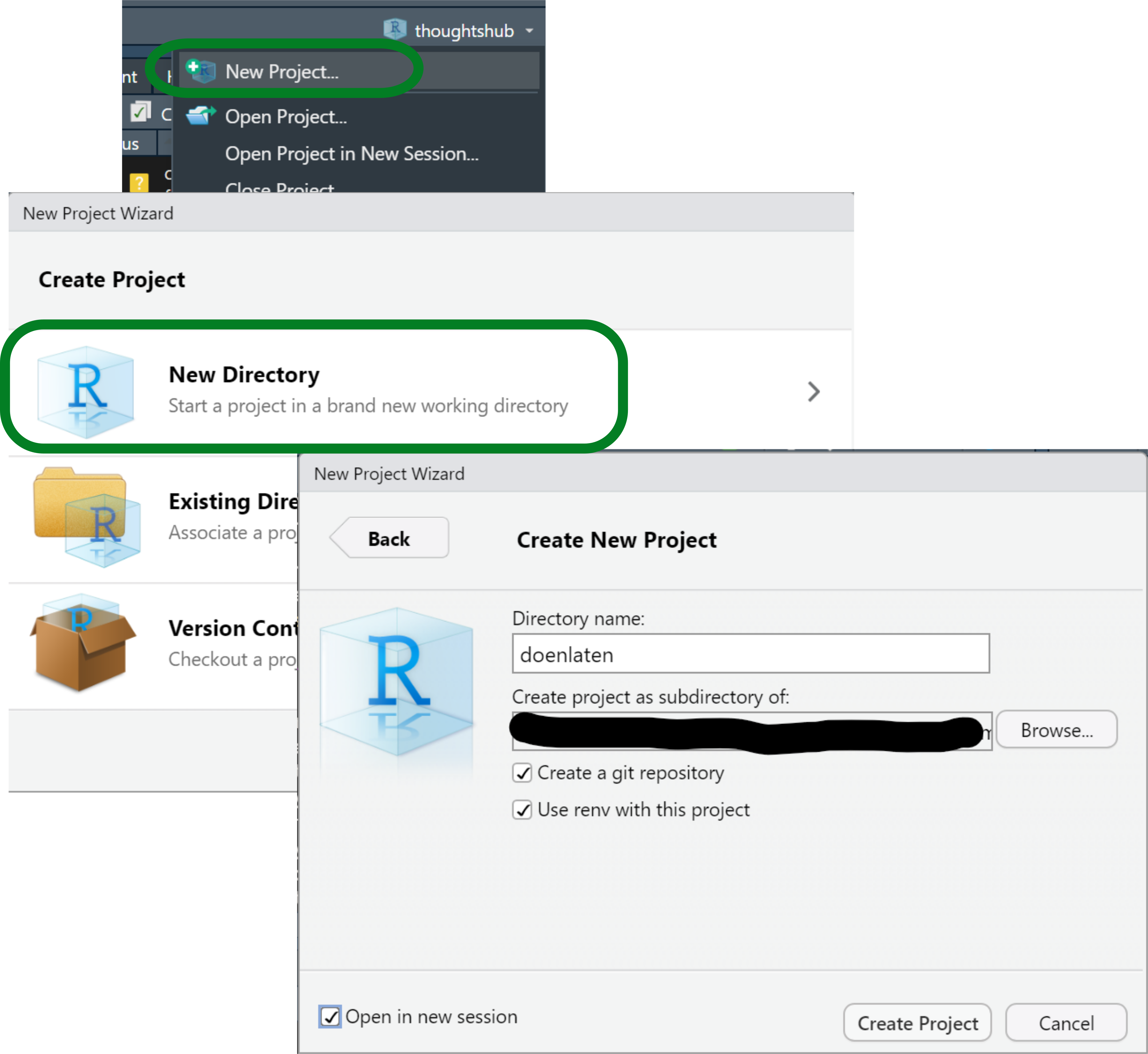Three screenshots of dropdowns and dialog boxes in R Studio as you create an R project.