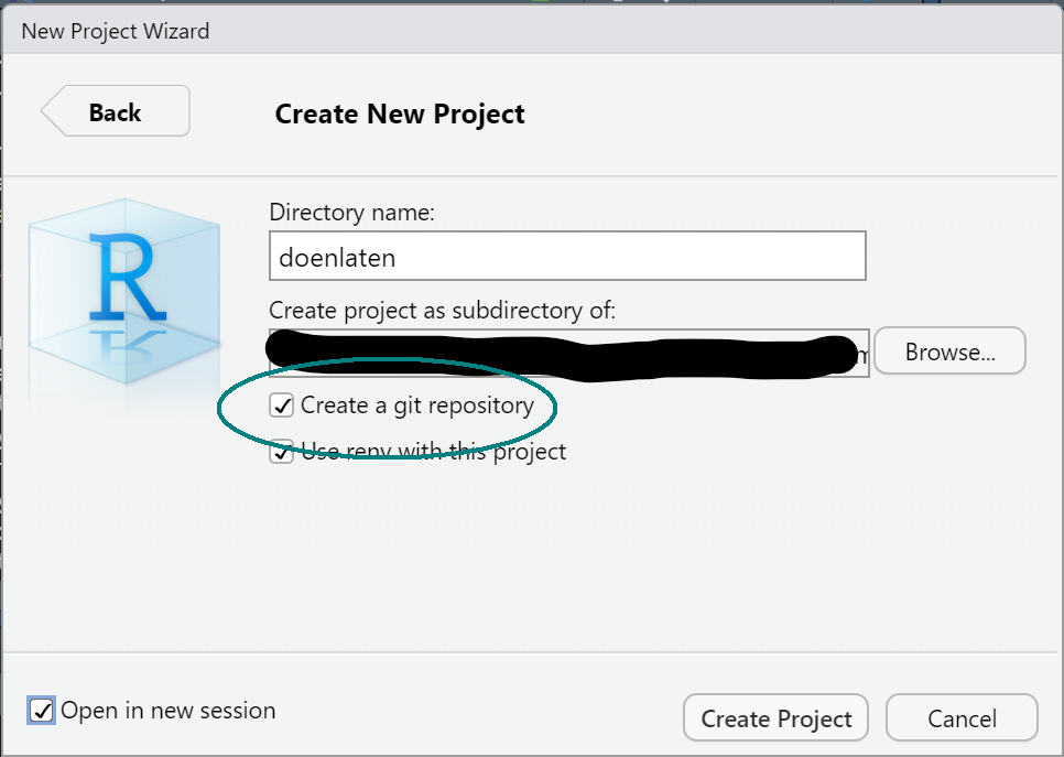 Final dialog box when creating an R project; the choice to create a git repository is highlighted.